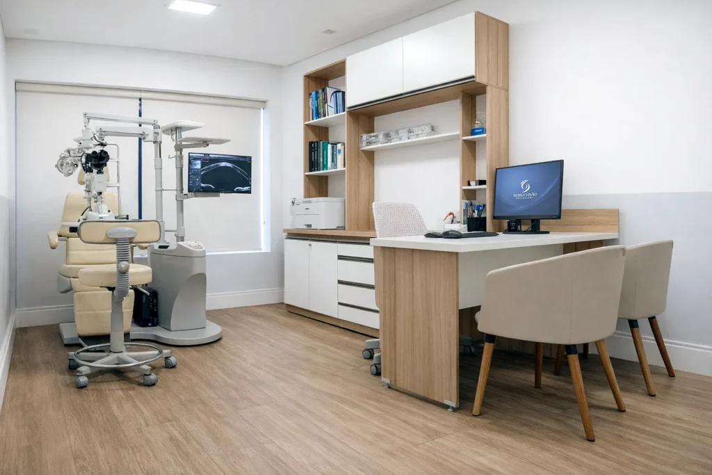 Consultório oftalmológico para avaliação de lentes de contato